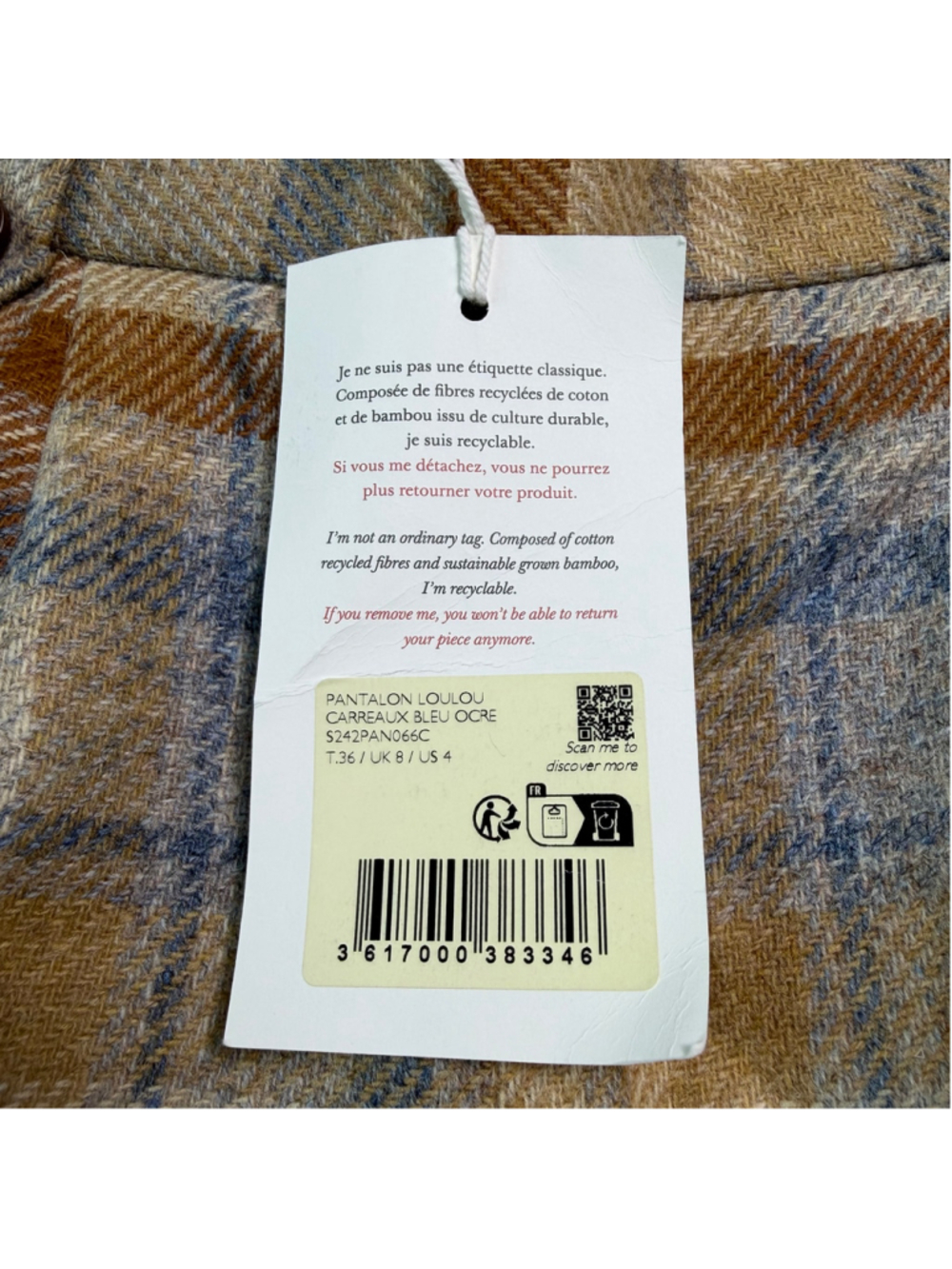 NWT Sezane Loulou Trouser in Tan Blue Plaid Check Wool Wide Leg Pants 36/6 - Picture 6 of 12